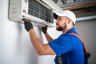 360_F_621046421_Vcay4nYa8ozdeodOQVDfES6MRrC6N3b8 Air conditioning technician servicing a wall-mounted AC unit in Drexel Heights, AZ